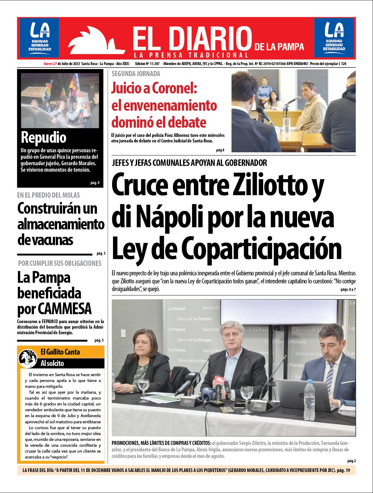Tapa de El Diario en papel  jueves 27 de julio de 2023